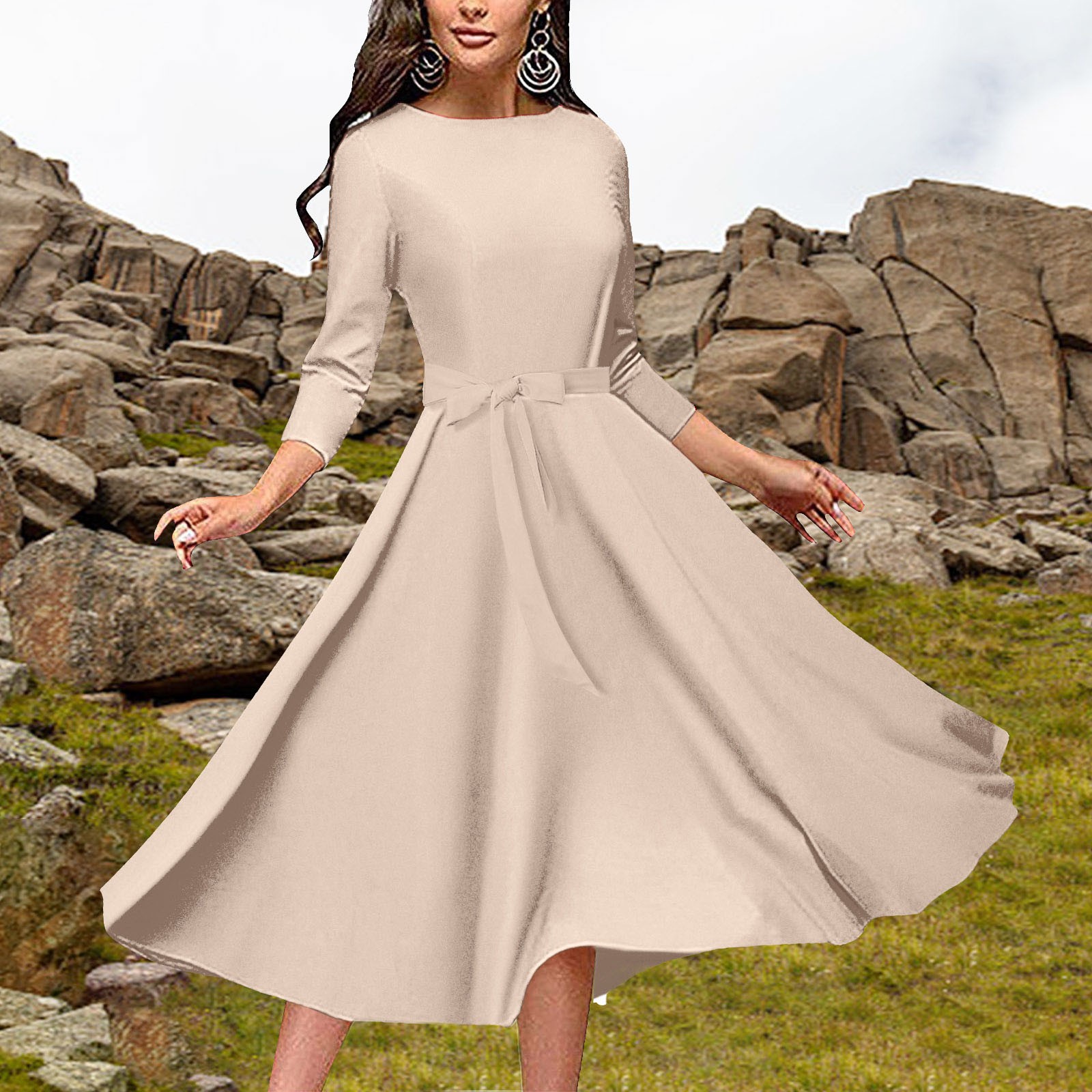 thumbnail image 2 of Vestido de manga larga con cuello redondo y bolsillos para mujer - Corte holgado informal, poliéster - Tallas L-XXXL, 2 of 8